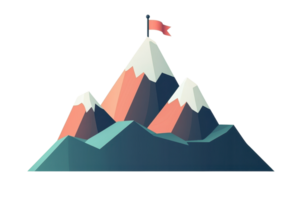A stylized mountain range featuring peaks with snow caps and a flag atop one of the summits. png