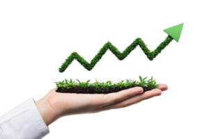 A hand holds a patch of soil and grass, with a green upward arrow made of grass representing growth and progress. png