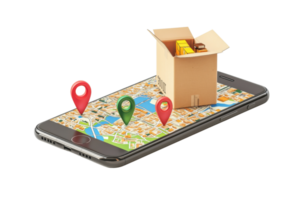 A smartphone displaying a map with a delivery box on top and location pins indicating various spots. png