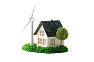 A model house with a wind turbine and a tree, showcasing a sustainable energy theme. png