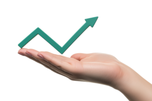 A hand holds a rising graph line with an upward arrow, symbolizing growth and progress. png