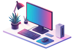 A modern desktop setup featuring a monitor, keyboard, mouse, lamp, plant, and a compact computer tower. png