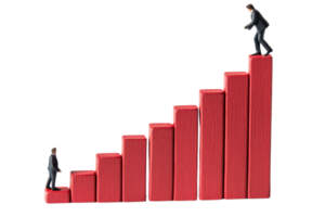The image depicts two miniature figures climbing a red bar graph, symbolizing growth and progress in a business or financial context. png