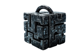 A detailed, dark geometric cube with intricate patterns and a handle on top, giving it a mysterious and technological appearance. png
