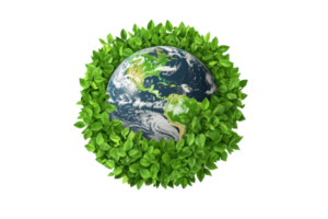 A vibrant globe surrounded by lush green leaves symbolizing environmental sustainability and the planet's health. png