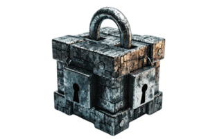 An aged, metallic padlock with a rugged texture and intricate detailing, symbolizing security and protection. png