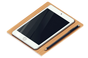 A sleek tablet rests on a wooden surface alongside a pencil, featuring a large black screen, designed for modern computing and creativity. png