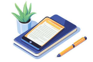 A smartphone rests on a stack of notebooks alongside a pen and a potted plant, creating a workspace aesthetic. png