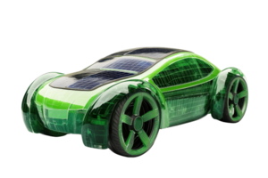 A sleek, green solar-powered car model featuring four bold wheels and a futuristic design. png