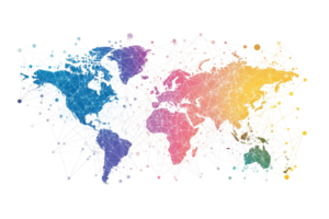 A colorful, artistic representation of a world map with intricate lines connecting various regions, symbolizing global connectivity and relationships. png