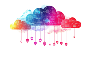 A vibrant cloud graphic featuring data symbols and security icons, showcasing technology and cloud computing. png