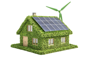 A house covered in greenery with solar panels on the roof and a wind turbine, representing eco-friendly energy solutions. png