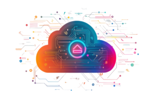 A vibrant cloud symbol with intricate circuits and a central upload icon, representing digital data transfer and cloud technology. png