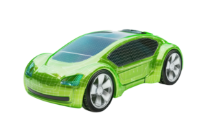 A sleek, green toy car designed with solar panels for sustainability and innovative play. png