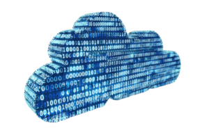 A stylized cloud shape made of binary code, symbolizing digital storage and cloud computing technology. png