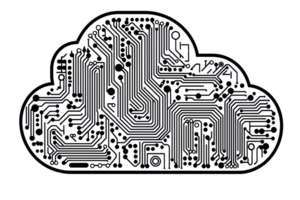 A cloud symbol incorporating circuit patterns, representing technology and connectivity. png