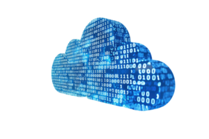A digital cloud composed of binary code, symbolizing data storage and cloud computing, glowing in shades of blue. png
