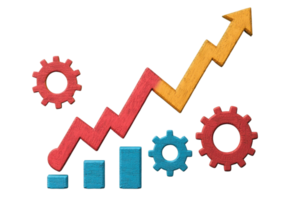 A vibrant graph illustration indicating growth, featuring an upward arrow alongside colorful gears and bar charts, symbolizing progress and analytics. png