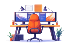 A modern workspace featuring a desk with dual monitors, an ergonomic orange chair, and decorative plants. png