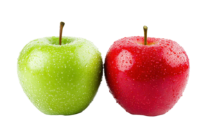 A green apple and a red apple are displayed side by side, showcasing their vibrant colors and fresh appearance. png