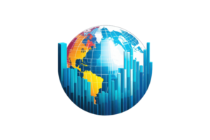 A colorful globe featuring continents and rising bars, symbolizing data, growth, and global connectivity. png