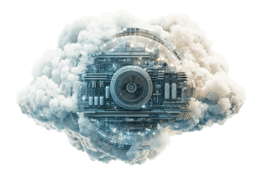 un' futuristico meccanico dispositivo incorporato entro un' soffice nube, in mostra intricato dettagli e un' sintesi di tecnologia e natura. png