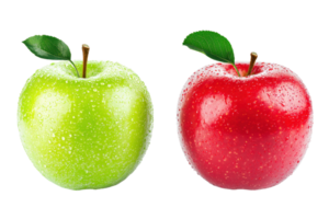 A vibrant green apple and a shiny red apple with leaves, showcasing their fresh, juicy appearance. png