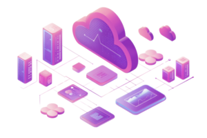 A colorful cloud-shaped object with various digital devices and icons representing data storage and management technologies. png