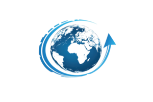 A stylized globe with an upward arrow symbolizing global movement and progress. png