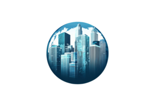 A stylized depiction of a skyline set within a circular design, emphasizing modern architecture and towering buildings. png