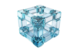 A geometric structure composed of clear, interlocking blocks, creating a three-dimensional cube with a modern, intricate design. png