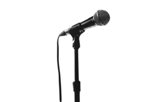 A sleek, black microphone mounted on a stand, ready for performance, showcasing a classic design perfect for singing or speaking. png