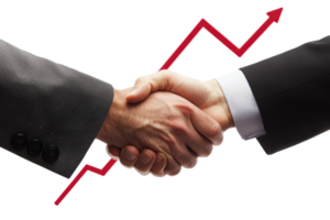 Two hands are shaking in a business agreement, with a rising growth line graph overlay, symbolizing partnership and success. png