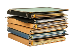 A stack of assorted folders containing various pages, showcasing a mix of colors and textures. png