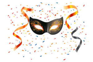 A decorative masquerade mask adorned with intricate designs, surrounded by colorful confetti and ribbons. png