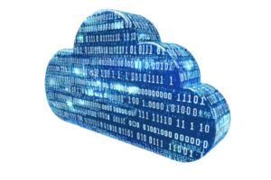 A stylized cloud symbol infused with binary code, representing digital storage and cloud computing. png