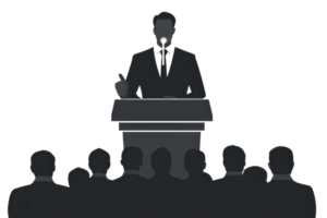 A speaker stands at a podium delivering a speech to an audience, emphasizing communication and engagement. png