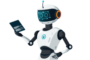 A humanoid robot holding a tablet, showcasing a modern design with a friendly interface and digital eyes. png