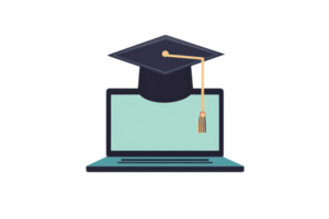 A laptop topped with a graduation cap symbolizes online education and academic achievement. png