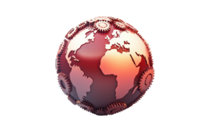 A stylized globe design featuring gears, symbolizing the integration of technology and the global economy. png