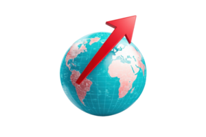 A globe with a prominent red arrow pointing upward, symbolizing growth or direction. png
