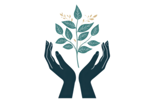 Two hands gently cradle a sprig of leaves, symbolizing care and nurturing in a harmonious design. png