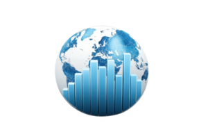 A globe with blue oceans and continents, overlaid with vertical bars representing data or growth. png