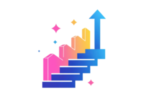 A colorful, stylized stairway with ascending steps leading to an upward arrow, symbolizing growth and progress. png