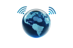 A globe depicting the continents with wireless signal waves emanating, symbolizing connectivity and technology. png