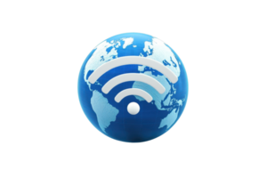 A globe featuring Wi-Fi signal waves, symbolizing global connectivity and wireless communication. png