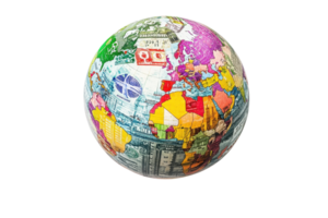 A colorful globe displaying various countries and regions with artistic illustrations and vibrant colors. png