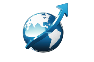 A stylized globe with a blue arrow rising upward, symbolizing growth, progress, or expansion in a global context. png