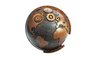 A detailed globe featuring mechanical gears, showcasing a blend of geography and engineering. png