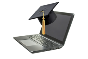 A laptop topped with a graduation cap, symbolizing academic achievement and the transition to digital learning environments. png